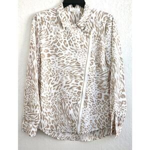 Top/Blouse-Calvin Klein-Gold-Cream-Front Diagonal Gold Zipper-Sleeve Roll Tab-SM